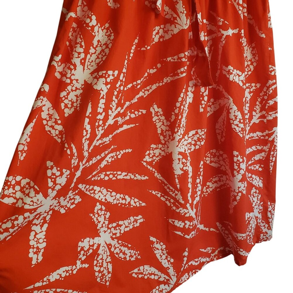 DKNY Red-Orange Print Shirt Dress 12 White Leaf Print Cotton Midi - Picture 7 of 12